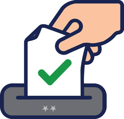 Obraz premium Human hand inserting paper ballot with green checkmark into voting box for democratic national election process.