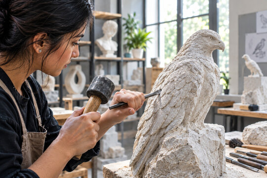 Female Sculptor Carving Intricate Eagle Stone Sculpture with Chisel and Mallet