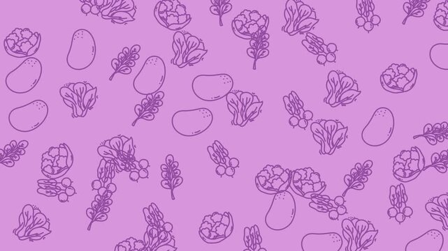 Seamless pattern background featuring hand drawn outlines of various vegetables on a light purple surface.