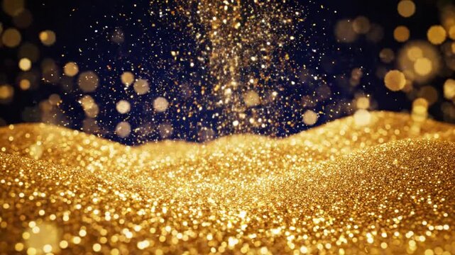 Abstract dark blue background with undulating golden glitter dunes and glowing bokeh