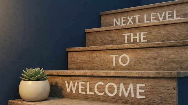 Welcome to the next level wooden stairs with succulent plant