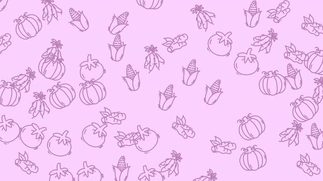Seamless pattern with hand drawn vegetable sketches on a light purple background.