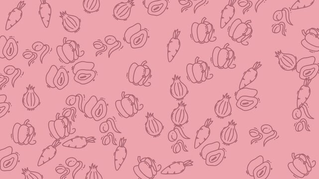 Seamless pattern with hand drawn vegetable sketches on a soft pink background.