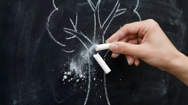 Close up of person breaking chalk stick on blackboard texture