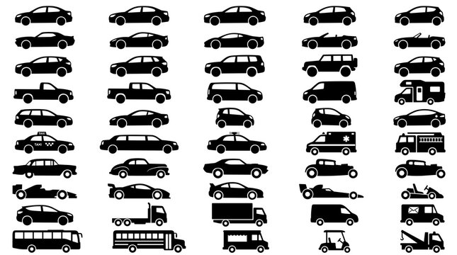 50 Minimal Car Profile Silhouettes Vector Collection Featuring Sedan SUV Coupe Sports Car Van Truck Taxi Electric and Classic Vehicles