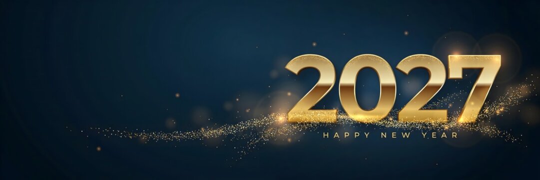 Happy New Year 2027 luxurious banner featuring metallic gold numbers surrounded by subtle golden sparkles against dark blue background celebrating festive elegance