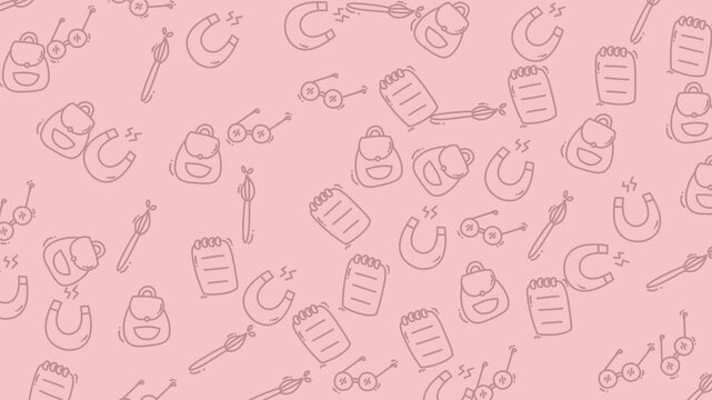 Seamless pattern with hand drawn school supplies on a soft pink background.