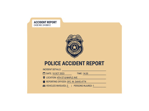 Police Accident Report folder with badge insignia and form details