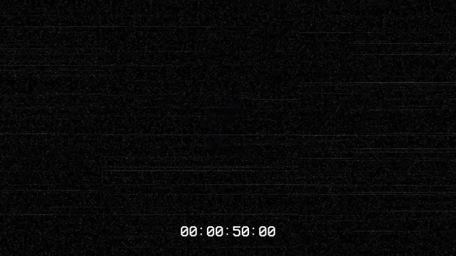 Vintage VHS Static Overlay with Digital Timecode Displaying Ten Seconds, Analog Glitch Effect with White Noise and Horizontal Scantron Lines for Retro Film Aesthetic Background