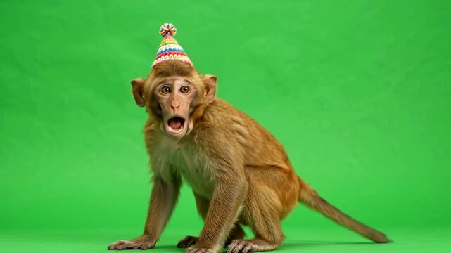 Funny meme monkey wearing birthday party hat against green screen background