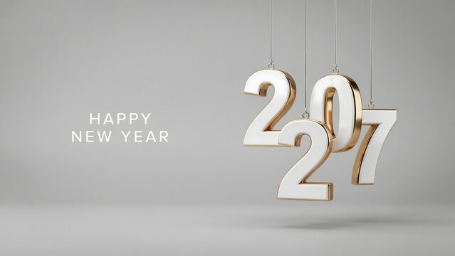 Elegant Happy New Year 2027 greeting design with metallic numerals, minimalist background, holiday celebration, fresh beginnings, optimism, prosperity, success, and joy