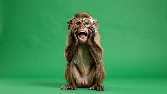 Funny meme monkey green screen studio portrait screaming in shock and panic