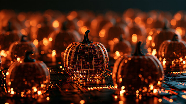 Futuristic Glowing Wireframe Pumpkins Digital Halloween Concept