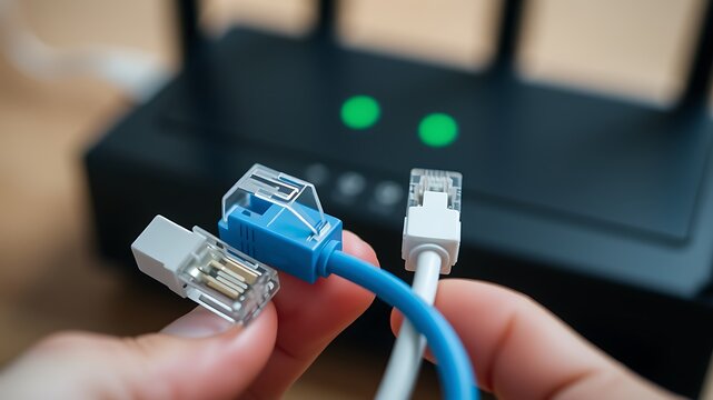 Close up of a person holding blue and white ethernet cables in front of a black internet router with glowing green status indicator lights