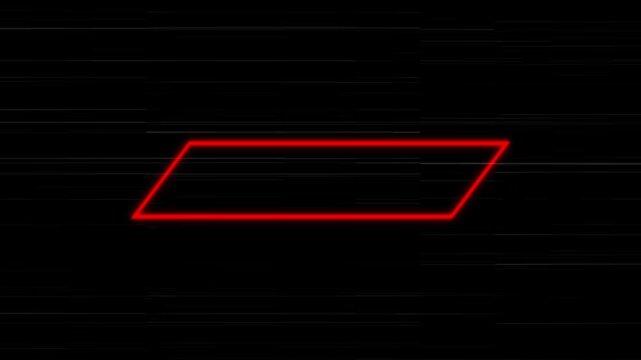 Vibrant Red Neon Glowing Parallelogram Outline with Digital Glitch Effects and Horizontal Scan Lines on Dark Black Background for Futuristic Retro Synthwave Motion Graphic Design