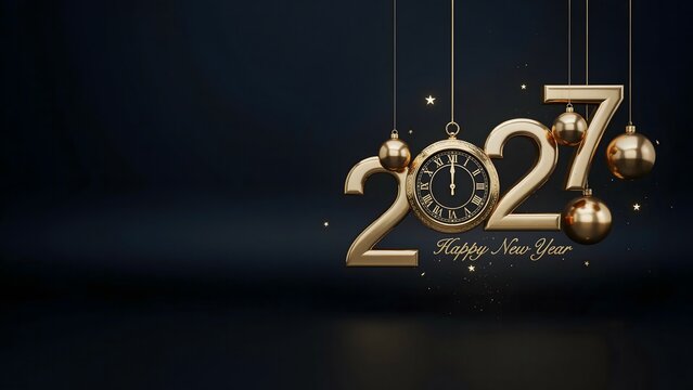 Happy New Year 2027 premium holiday banner featuring elegant gold numerals clock decoration glowing stars and dark backdrop representing celebration countdown and prosperity