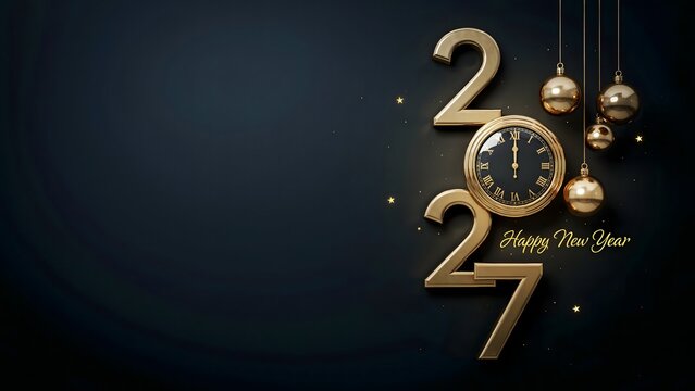 Happy New Year 2027 premium holiday banner featuring elegant gold numerals clock decoration glowing stars and dark backdrop representing celebration countdown and prosperity