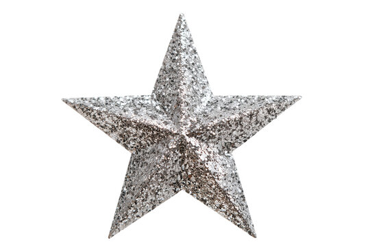 Single silver glitter star decoration isolated on white background, Clipping Path, png