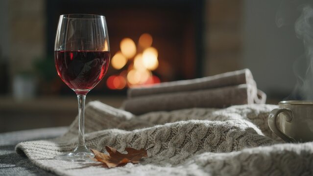 Glass of red wine and steaming mug of coffee by cozy fireplace and knitted blanket. Autumn relaxation concept.