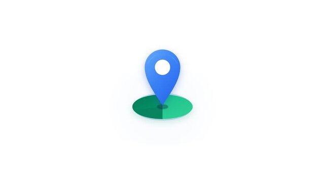 Blue map marker symbol on a white background with green circular base