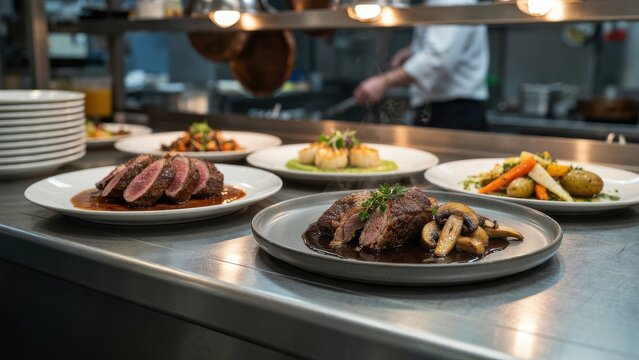 Gourmet plated dishes, including sliced meat and scallops, arranged on a stainless steel counter in a professional.