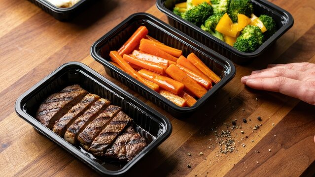 Healthy grilled steak and vegetables in black plastic meal prep containers on wooden table. Perfect for dieting.