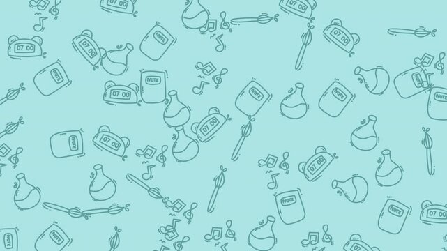 Seamless pattern background with hand drawn doodle alarm clocks and music notes.