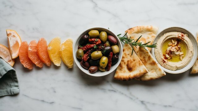 Hummus, pita bread, olives, and citrus line a marble table. Mediterranean diet concept for healthy dining.