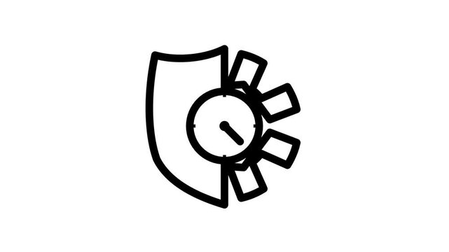 Animation black and white vector icon showing a shield combined with a clock or timer, representing timebased security or protection