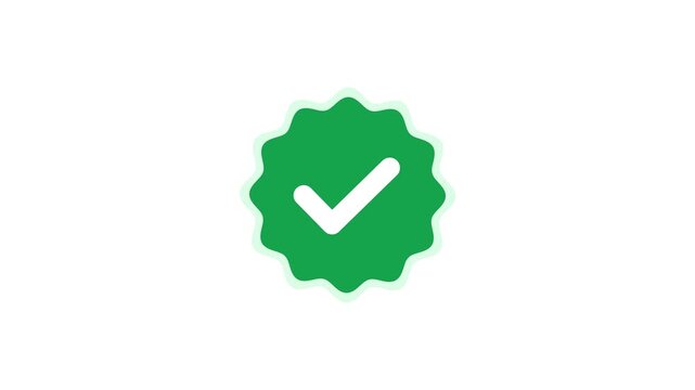 Animation green badge icon with a check mark symbol isolated on white background
