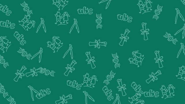 Seamless pattern background with school and education themed hand drawn doodles on a green chalkboard.