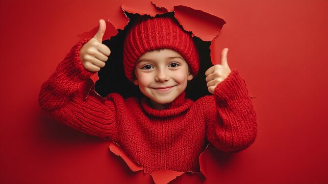 Cheerful child in vibrant red attire gives enthusiastic thumbs up through torn paper, radiating positivity and energy against a bold crimson background.
