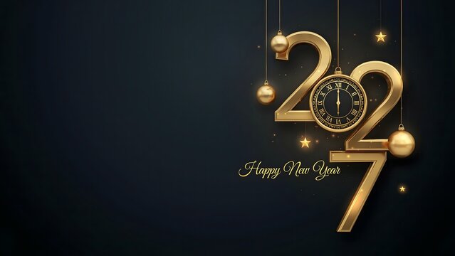 Happy New Year 2027 elegant golden typography featuring hanging numbers clock centerpiece glowing stars and dark background celebrating luxury midnight countdown festivities