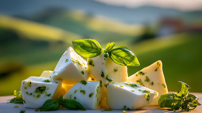 Fresh mozzarella cheese wedge with basil on rustic table, colorful food still life expressing natural flavor and appetite in sunlight