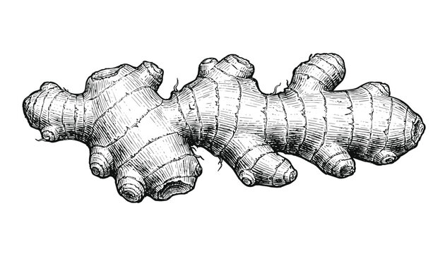 Fresh ginger root rhizome engraved illustration in vintage style isolated on white