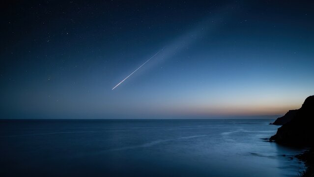 Meteor streaking across a starry night sky over a calm ocean at twilight.