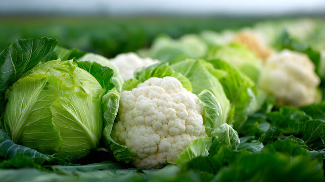 Advertising shot of fresh cauliflower head and cabbage in green field, showing crisp texture and natural harvest detail