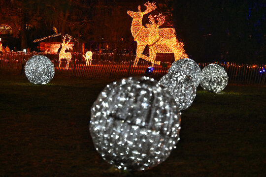 Festive Reindeer and Light Spheres Installation at Rathauspark in Vienna, Austria