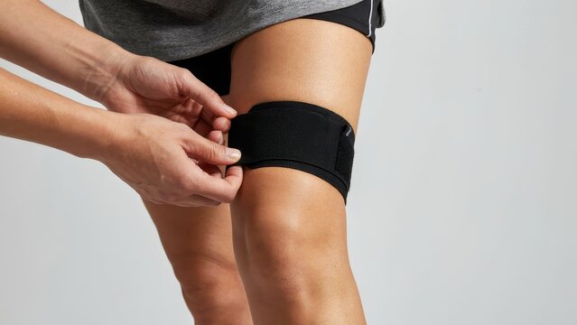 Person applying a black compression band to their thigh for athletic support. Useful for sports injury prevention and.