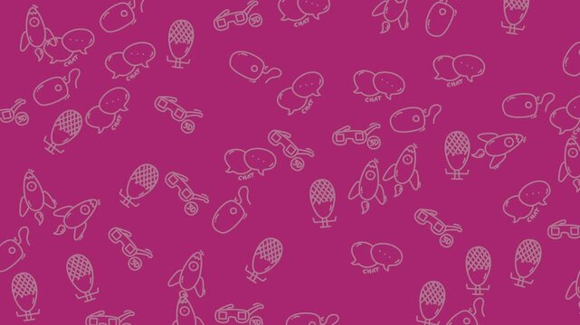 Seamless pattern with hand drawn icons of rockets microphones and speech bubbles on a magenta background.