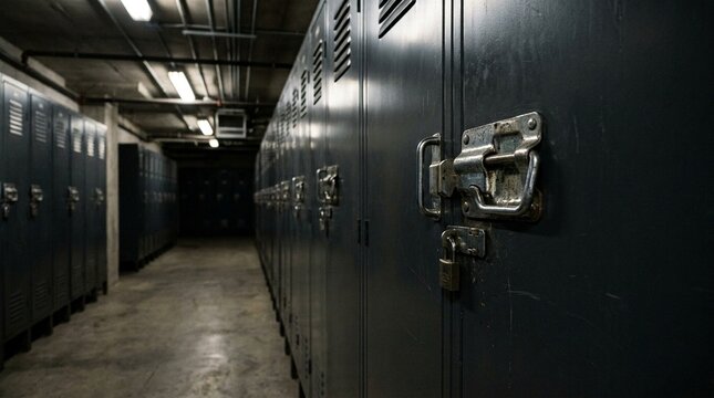 Overnight customs storage locker latch catching corridor light, secure parcel storage, logistics facility detail