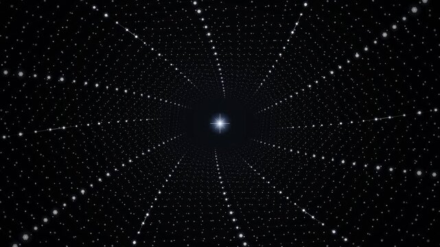 Animation abstract tunnel of white glowing dots converging into a bright star light in deep space