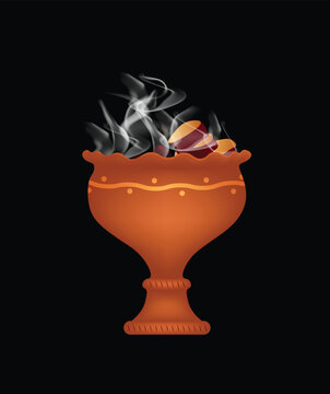 Bengali clay Dhunuchi With Glowing Smoke Isolated Against Dramatic Black vector Background
