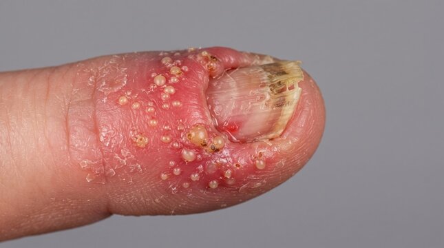 Extreme macro of a thumb suffering from severe dyshidrotic eczema, fungal infection, and painful blisters
