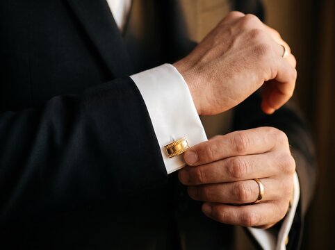Elegant man in formal suit adjusting luxury gold cufflink on shirt sleeve