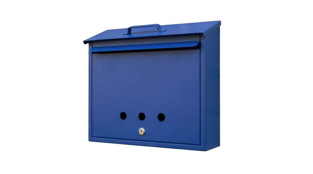 Blue wall mounted metal mailbox with key lock and mail slot for house secure delivery.
