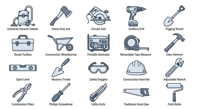 An extensive vector icon set illustrating various utility implements for building and repair, featuring essential construction, DIY, and home improvement tools