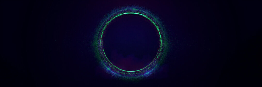 Glowing thin green neon ring with blue and purple sparkling particle halo on deep indigo background, luminous circular frame with soft faint mist, futuristic magic banner with large copy space