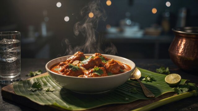 Steaming hot Indian chicken curry served in a bowl on a banana leaf. Exotic cuisine and culinary delights concept.