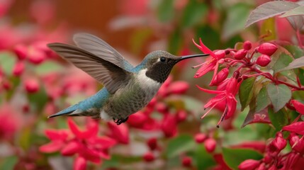 Fototapeta premium A vibrant hummingbird with iridescent throat hovering near bright red flowers, capturing delicate motion and nature's beauty.